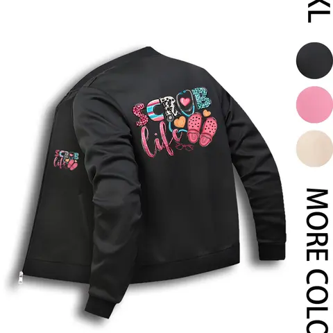 Medical Elements Scrub Life Print Casual Daily Wear, Nurse Print Zipper Jacket Coats, Fitted Casual Outerwear, Long Sleeve Fitted Design with Pockets, Fall & Winter, Womenswear