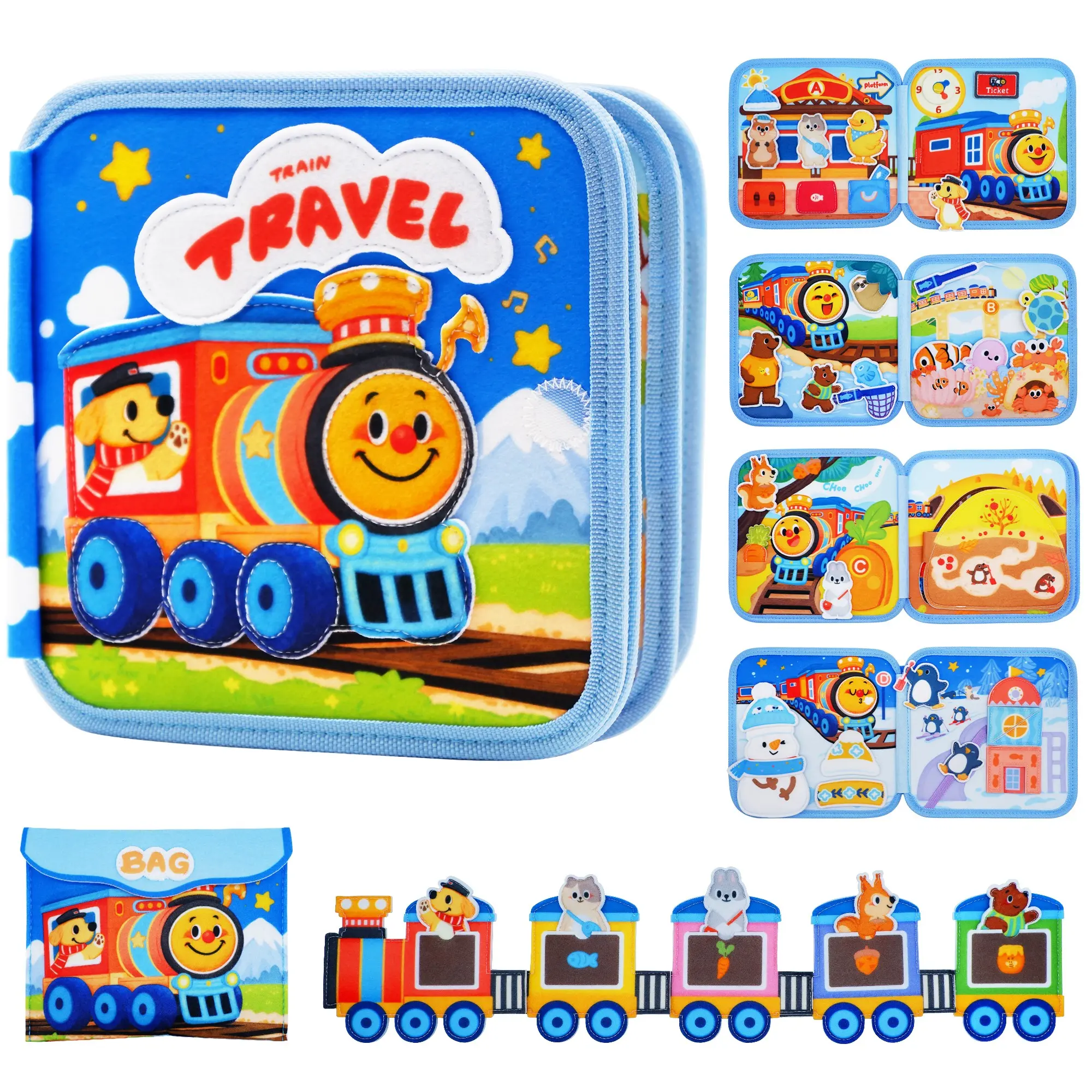 Montessori Busy Book Board, Small Train Travel Quiet Book, Fishing Toy Train, Educational Toy for Kids 1-3 Years, Essential Travel Toy