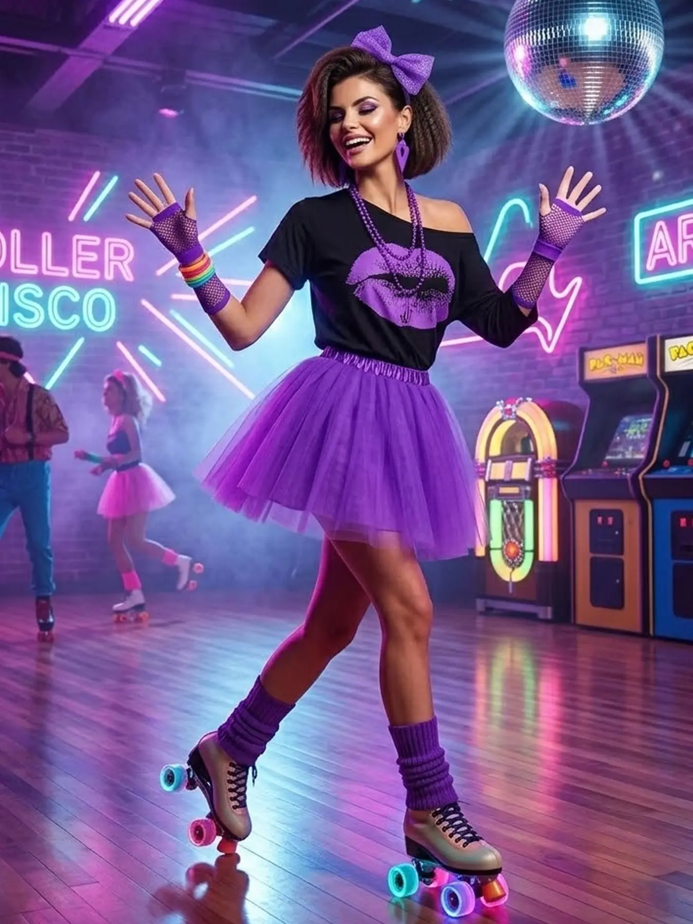 Women Retro 1980s Tutu Skirt & Drop Shoulder T-Shirt Set Party Prom Full Accessory Kit