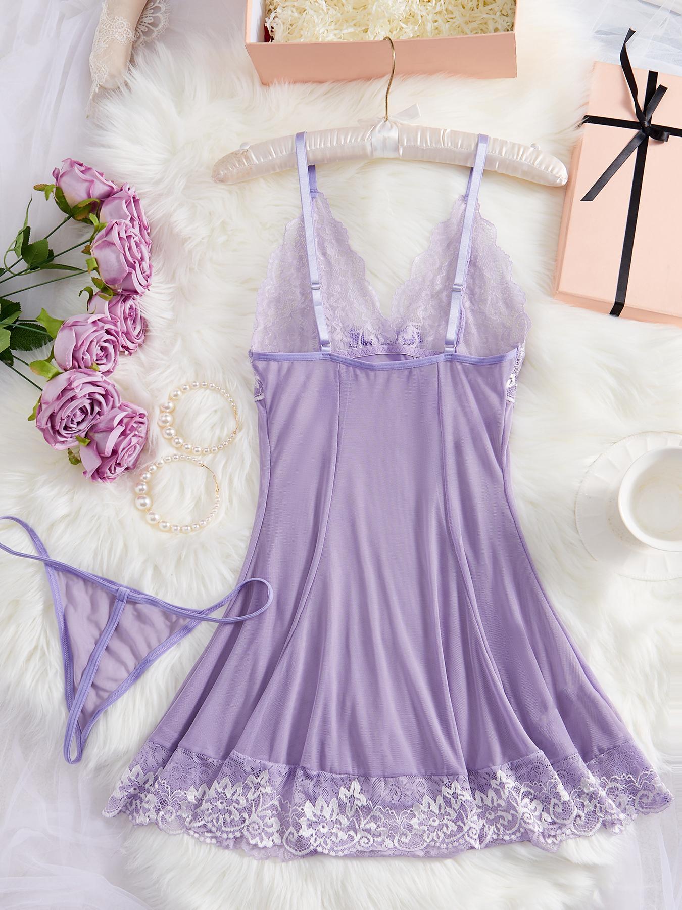 Women's Contrast Floral Lace Bow Front Sexy Costumes Set, Fashion Adjustable Strap Nightgown & Solid Thong, Ladies Summer Clothes for Daily Wear