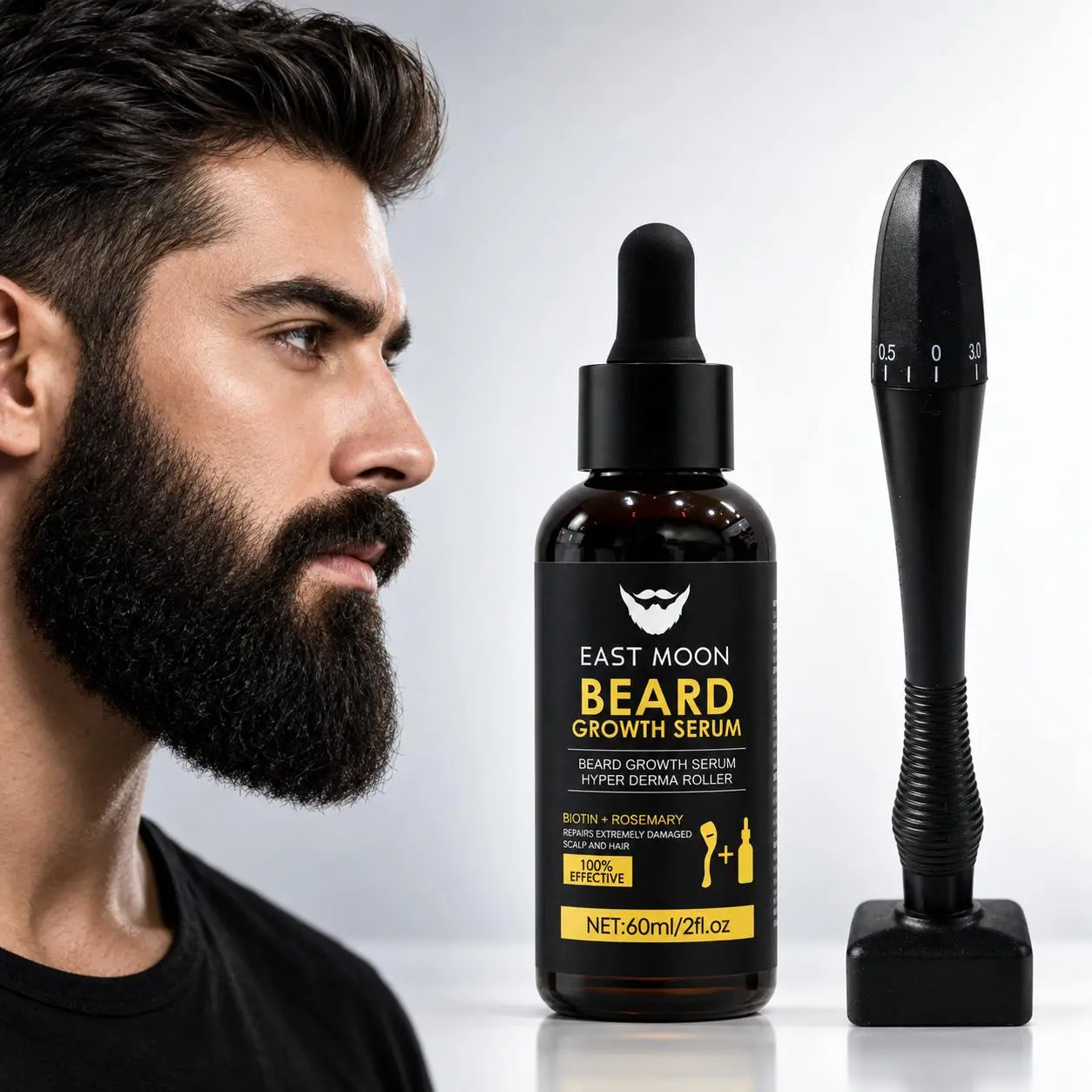 Men’s 3-Piece Beard Care Kit with 60ml Beard Serum, Microneedle Stamp & Grooming Roller, Biotin & Rosemary Conditioning Care for a Softer, Shinier & Fuller-Looking Beard