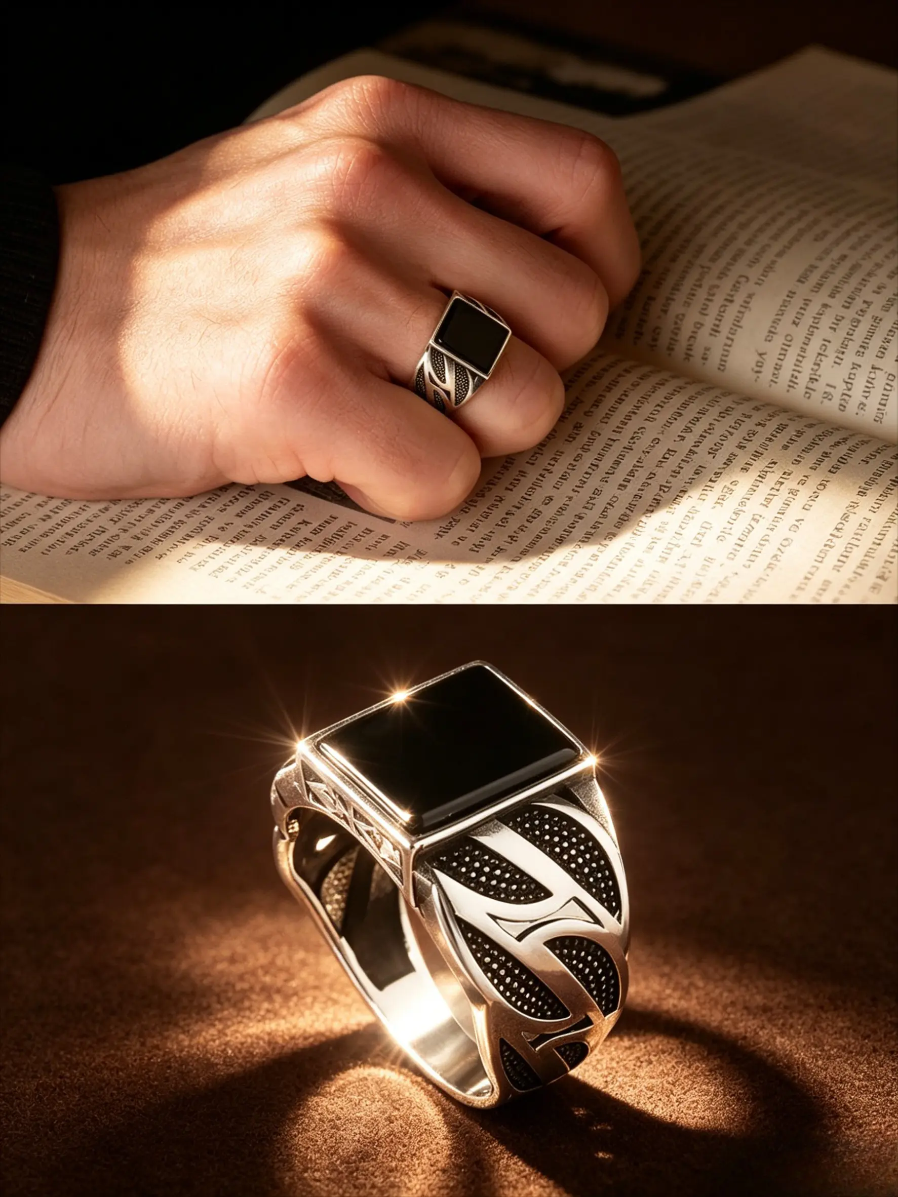 Rectangle Black Onyx Tribal Pattern Signet Ring, Antique Silver Stainless Steel Wide Men Band, Tarnish Resistant Hypoallergenic Biker Gothic Statement Jewelry Gift For Him