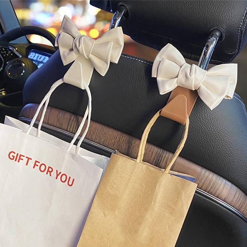 Cute Bowknot Car Seat Back Hooks 2Pcs, Premium Leather Dual Capacity Car Storage Hooks, Easy Install Interior Car Accessories Must Have,Cute Car Accessories for Women