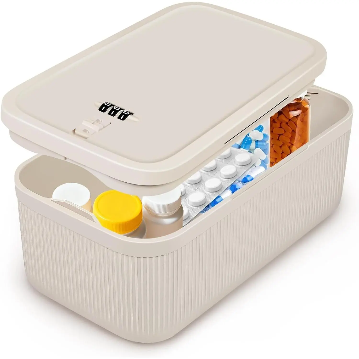 Small Lock Box with Combination Code - Lockable Medicine Safe for Pills, First Aid Kits, Snacks & Phone Jail, Portable Locked Storage Container for Home, Fridge, Office, School (Beige)