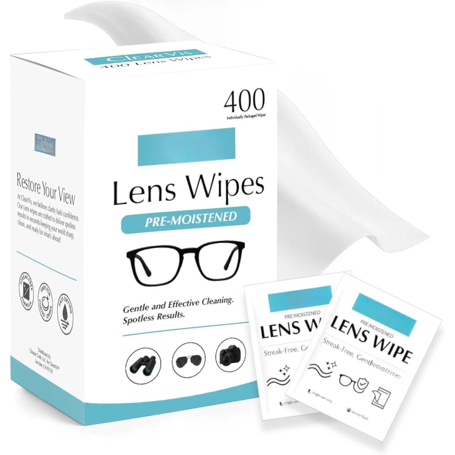 Pre-Moistened Lens Wipes -  400 Individually Wrapped Wipes, Streak-Free Cleaning for Eyeglasses, Phones, Cameras, Binoculars, & Screens - -Drying, Anti-Smudge Formula