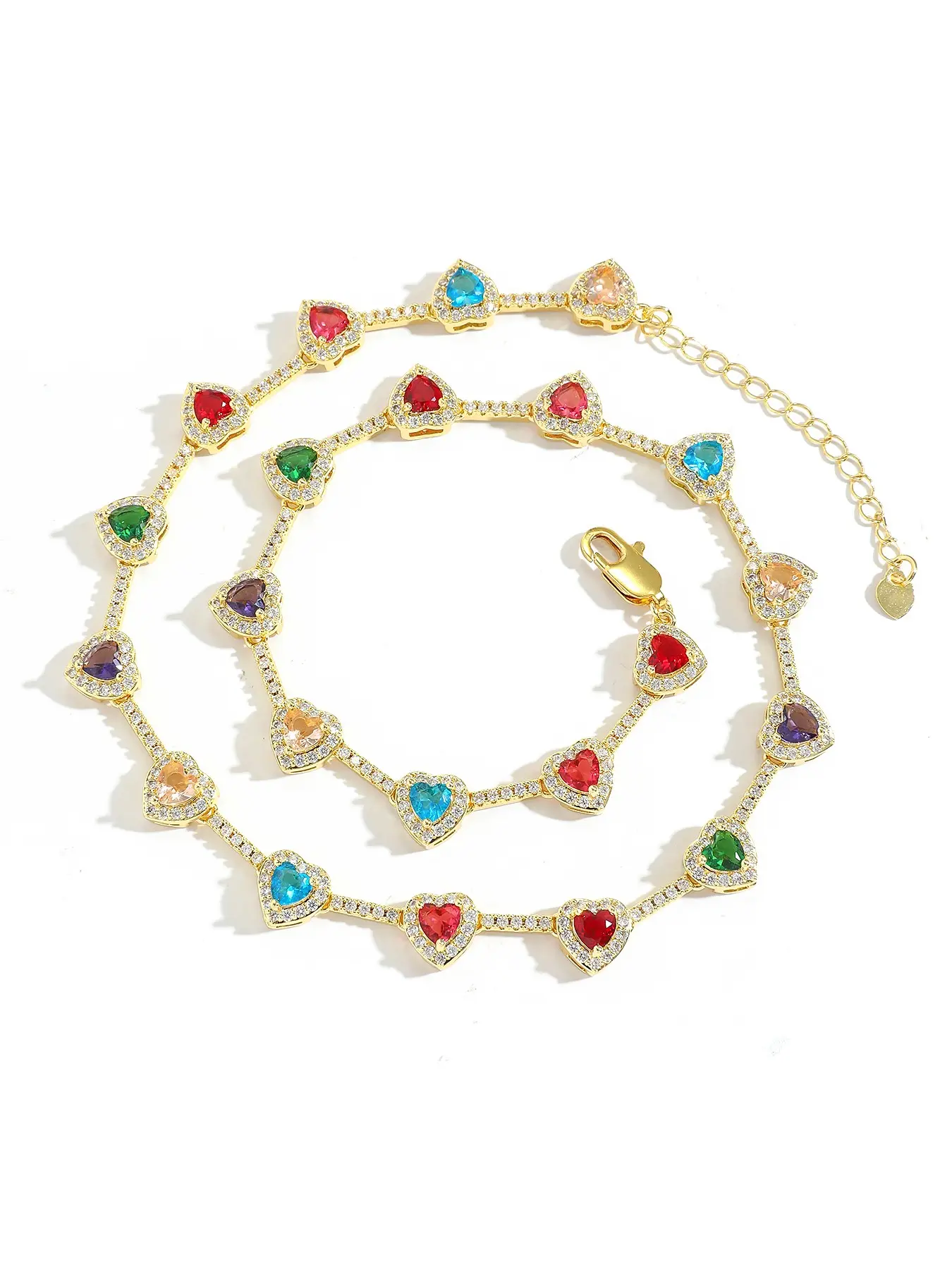 1 Piece Colorful Heart Copper Artificial Zircon Chain Necklace Adjustable size Vintage Hip Hop Street Style Jewelry, Women Fashion Accessories Valentines Gift