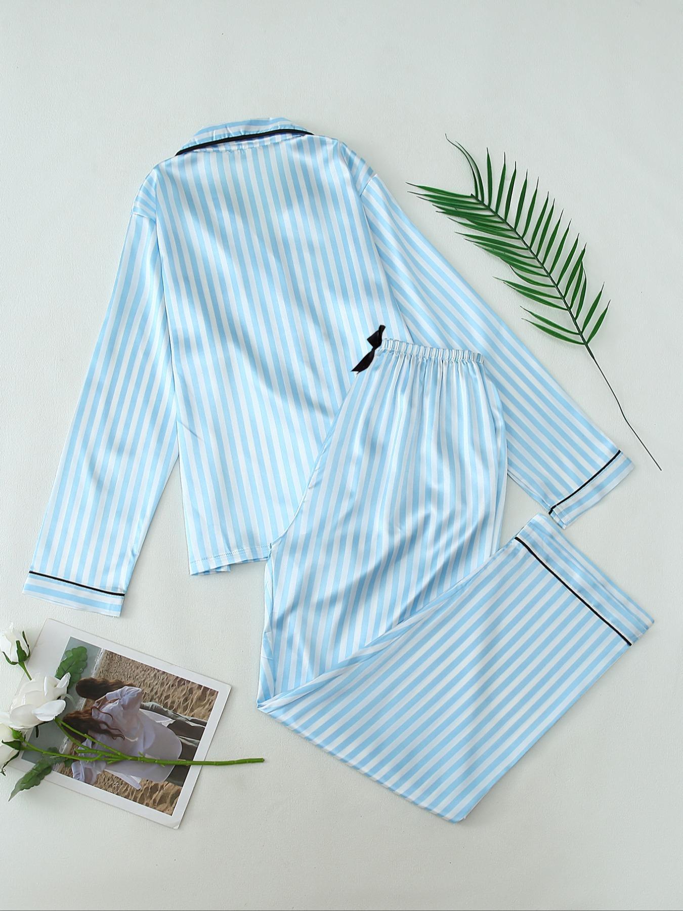 Two-Piece Set Women's Striped Print Lapel Neck Pocket Shirt & Bow Decor Pants Satin Pyjama, Long Sleeve Button Up Top & Trousers PJ Set, Women's Sleepwear for Spring & Fall