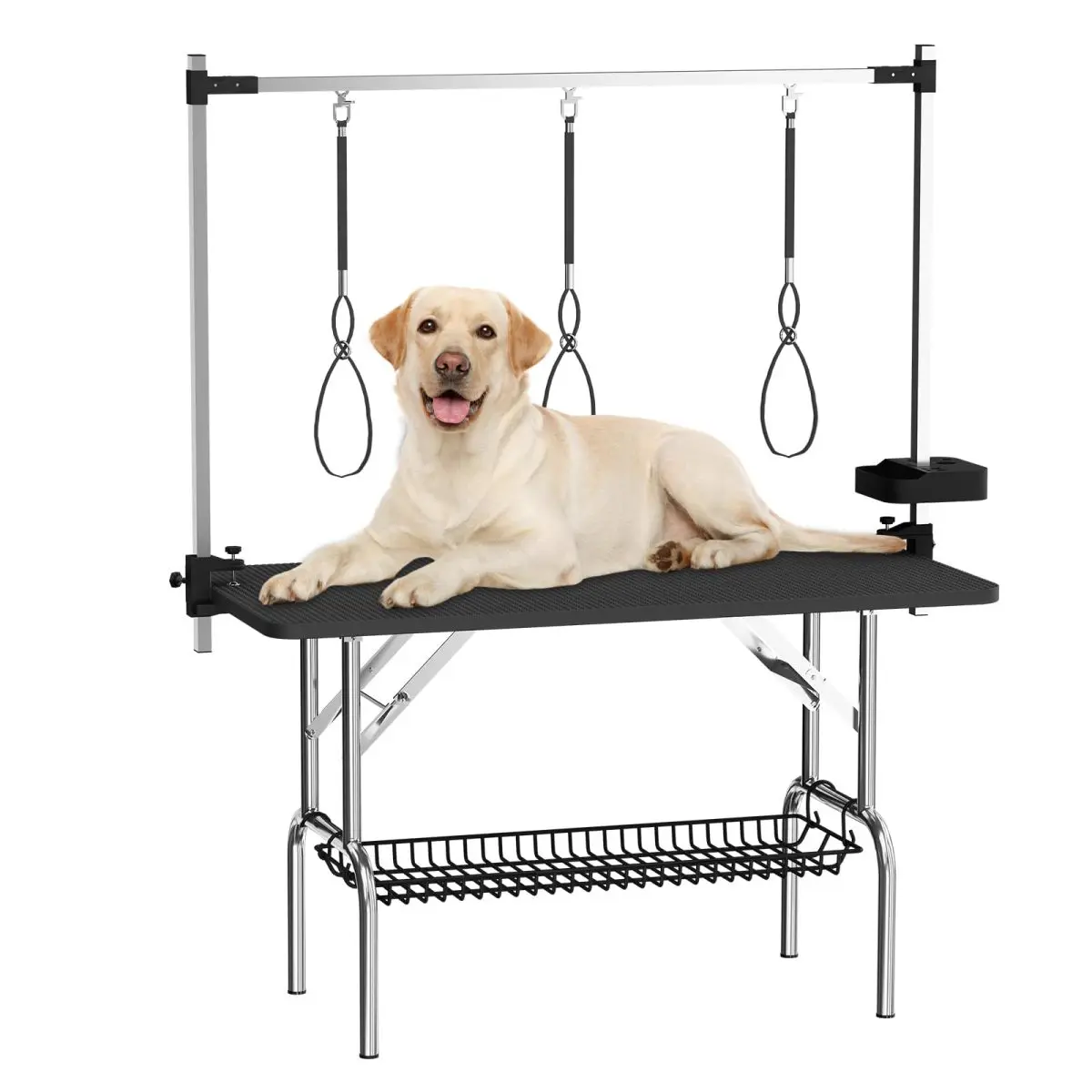 47'' Large Dog Grooming Table Stainless Steel Foldable Grooming Table for Dogs at Home Adjustable Height Arms Pet Station with Nooses, Mesh Tray, Tool Organizer   WL, Accessories Adjustable,Pink,Dog Grooming Table