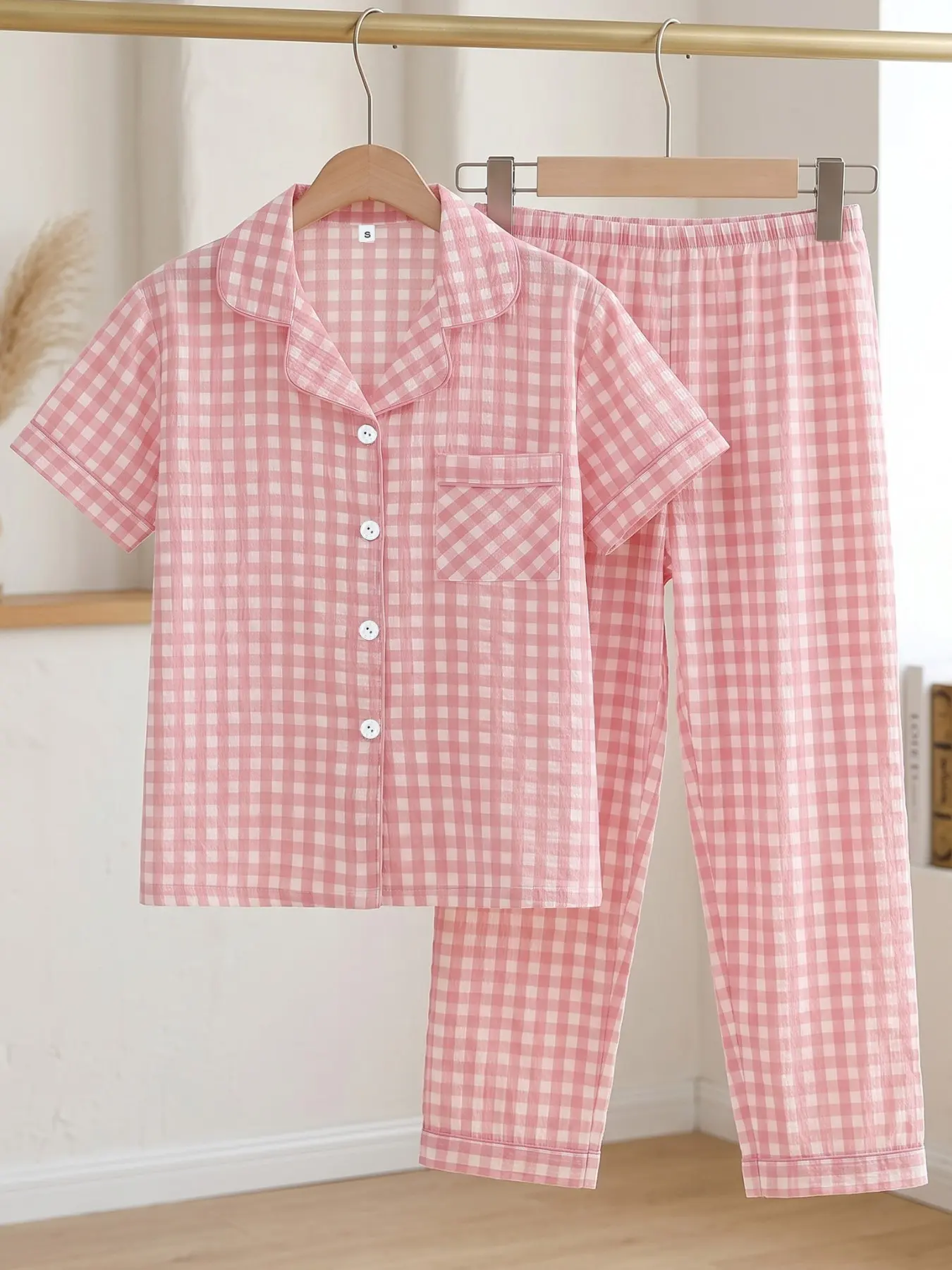 Women's Gingham Print Short Sleeve Tee & Pants Pyjama, Casual Comfy Round Neck T-shirt & Trousers PJ Set, Ladies Sleepwear for All Seasons, Loungewear, Pajamas