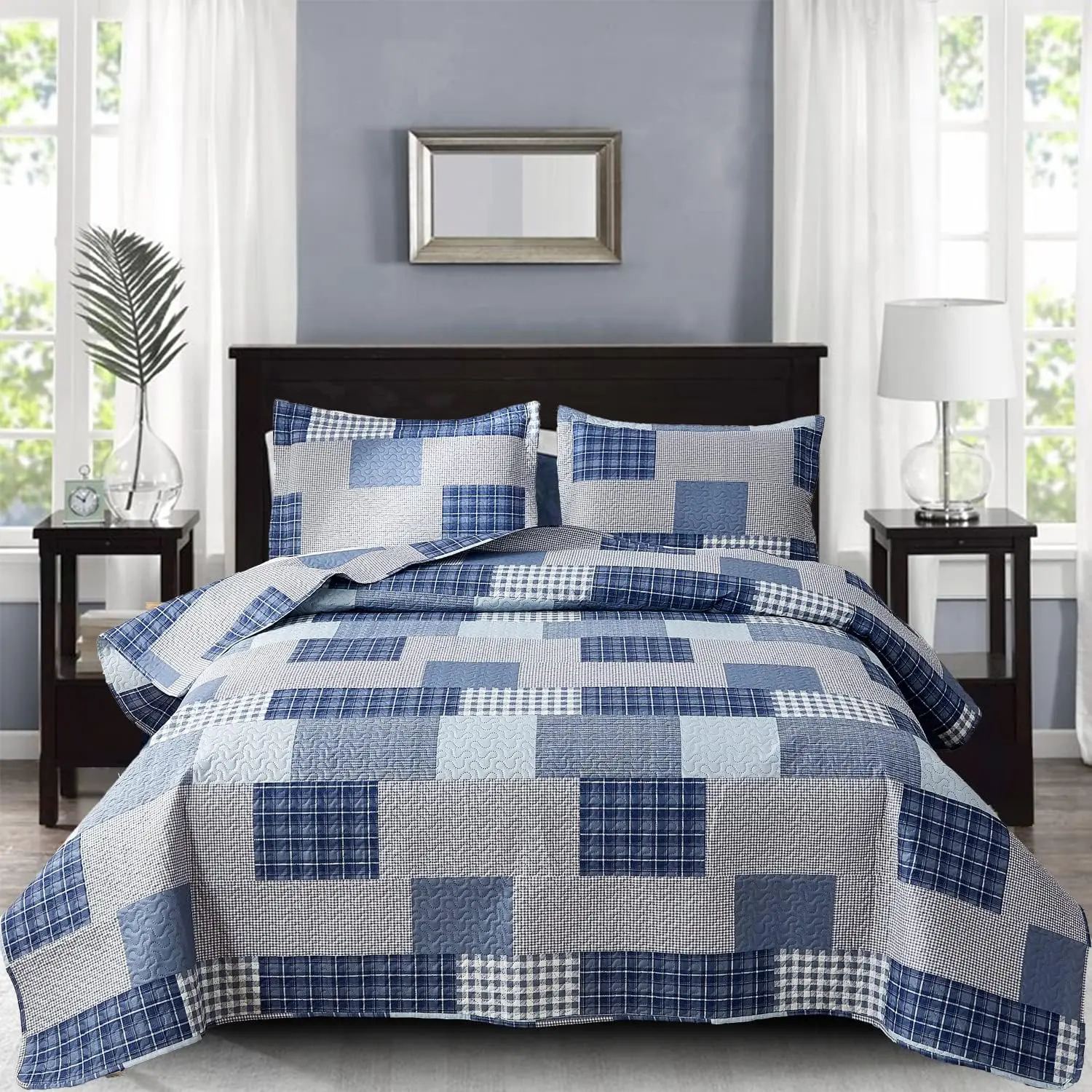 Quilt Set  Size  Bedding Sets 3- Navy Blue Reversible Lightweight Stripe Grid Coverlet Bedspread Patchwork Soft Quilt for Bed (96" x 108")