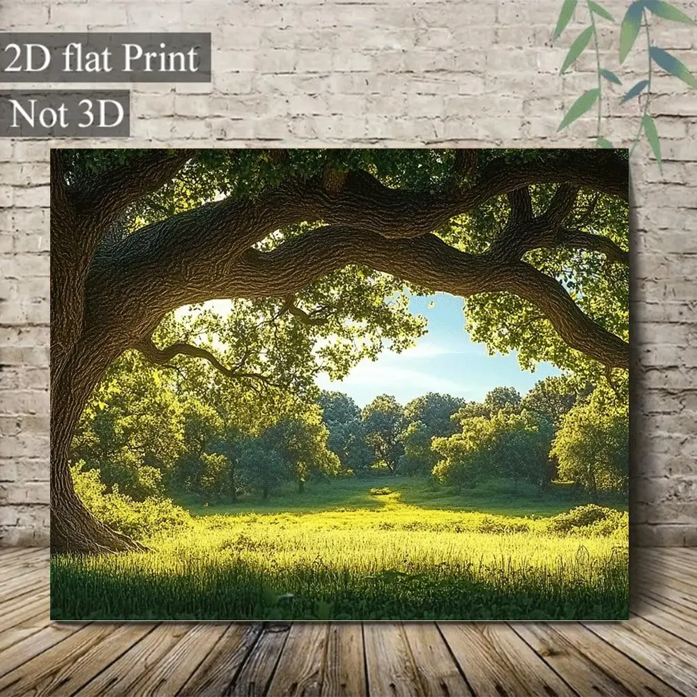 1 Piece Large Oak Forest Canvas Wall Art - Framed Green Nature Painting, Oak Branches and Leaves, Modern Minimalist Bark Texture Poster, Suitable for Living Room, Bedroom, Office Decoration - Ideal Gift (Green, Beige)