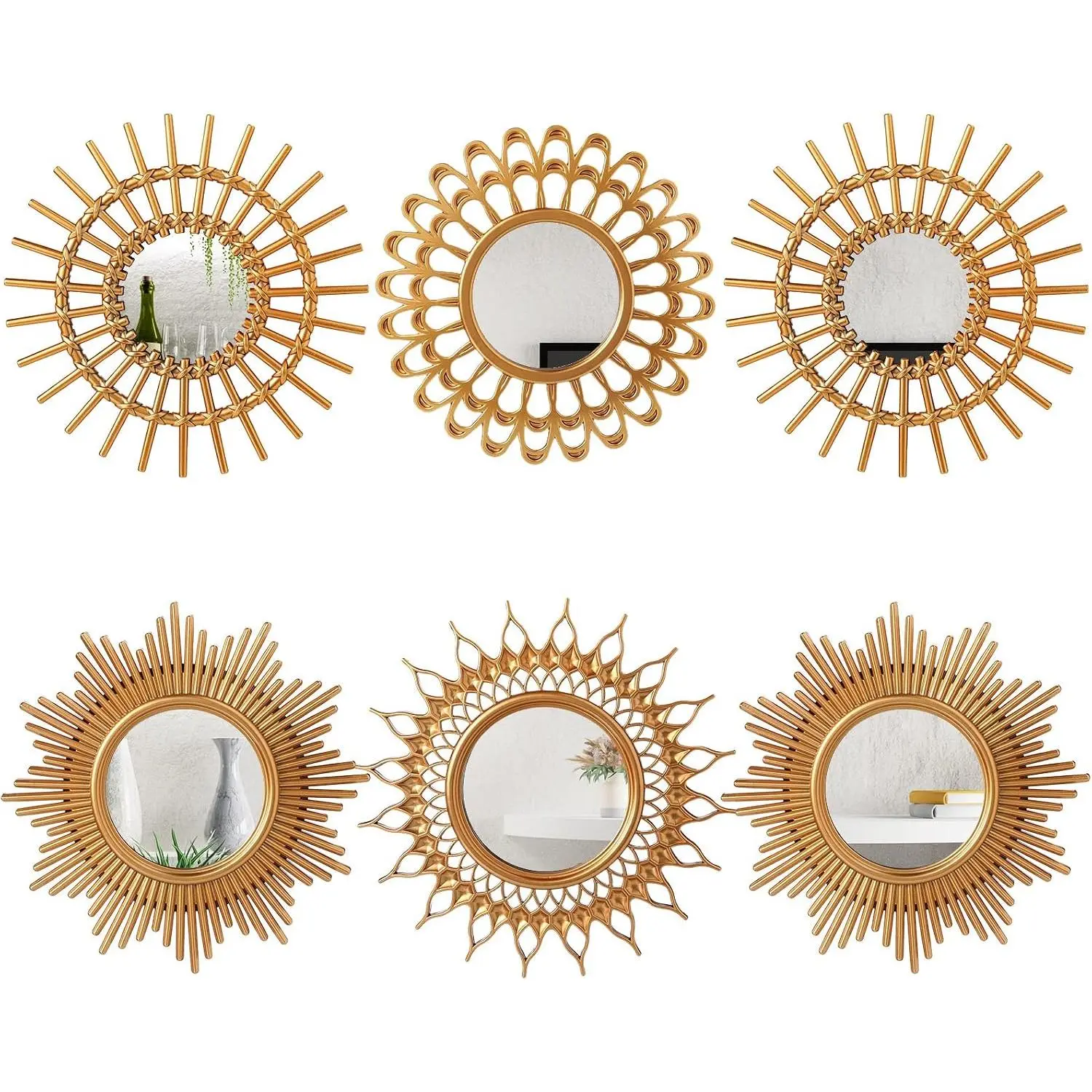6 count Sunburst Mirror for Wall Decor, Small Circle Sun Decorative Mirror  for Art Entryway  Decor Bathroom Bedroom Living Room(Classic,)