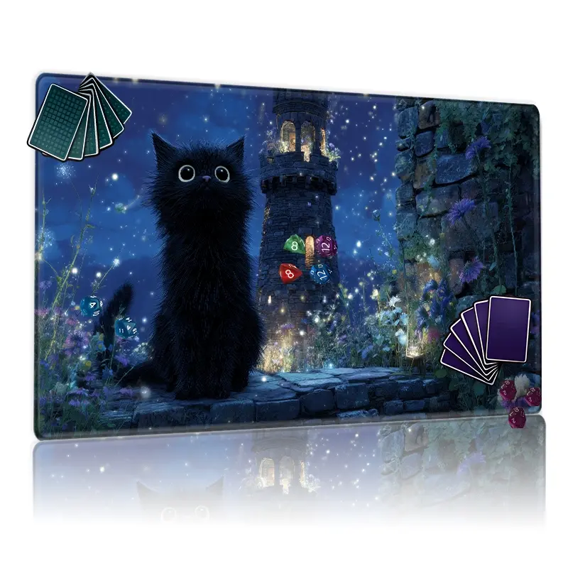 Enchanted Night Garden Fluffy Black Cat MTG Playmat 12x24inch Non-Slip, TCG Compatible Game Mat for Party Family Gathering, Magical Gift for Card Game Lovers