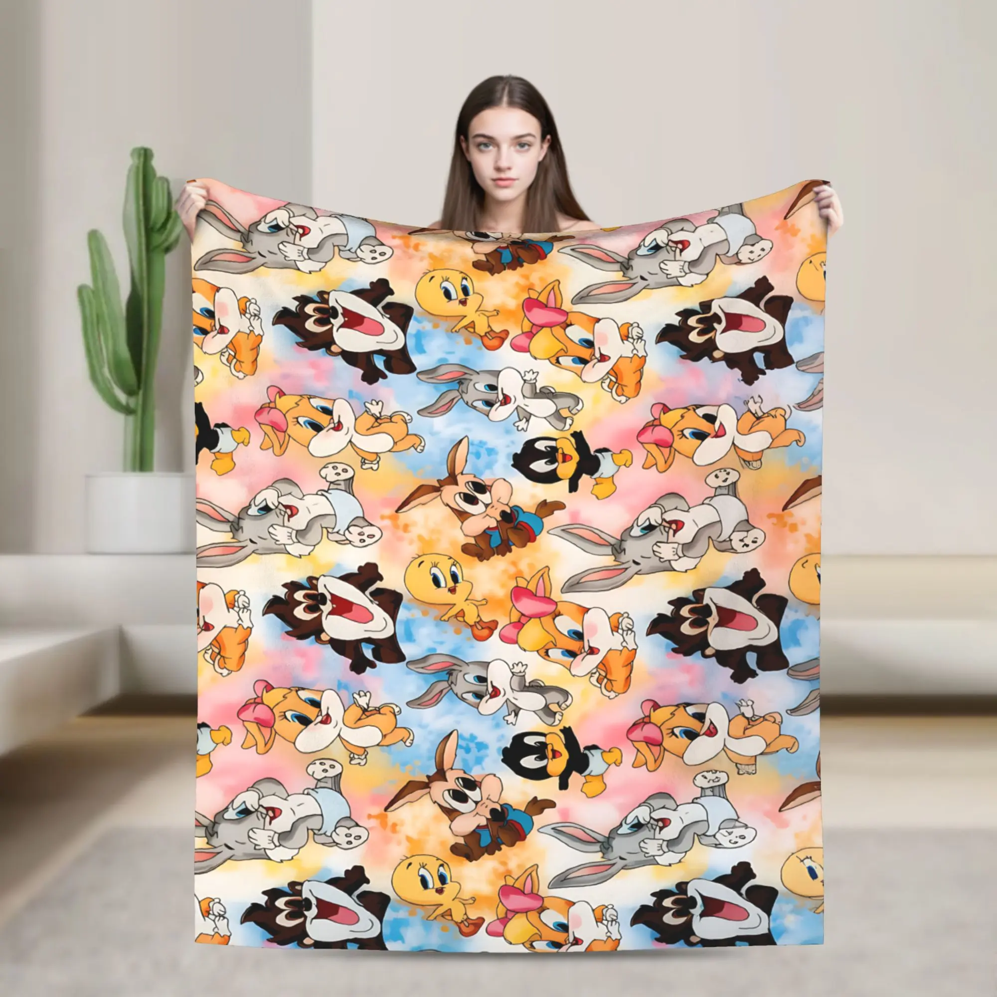 WB Looney Tunes All Character Watercolor Wash Flannel Throw Blanket, Bugs Bunny Tweety Pastel Gradient Cartoon  Blanket, Classic Cartoon Fan Couch Bed Decor, Birthday Holiday Gift for Animated Series Lovers