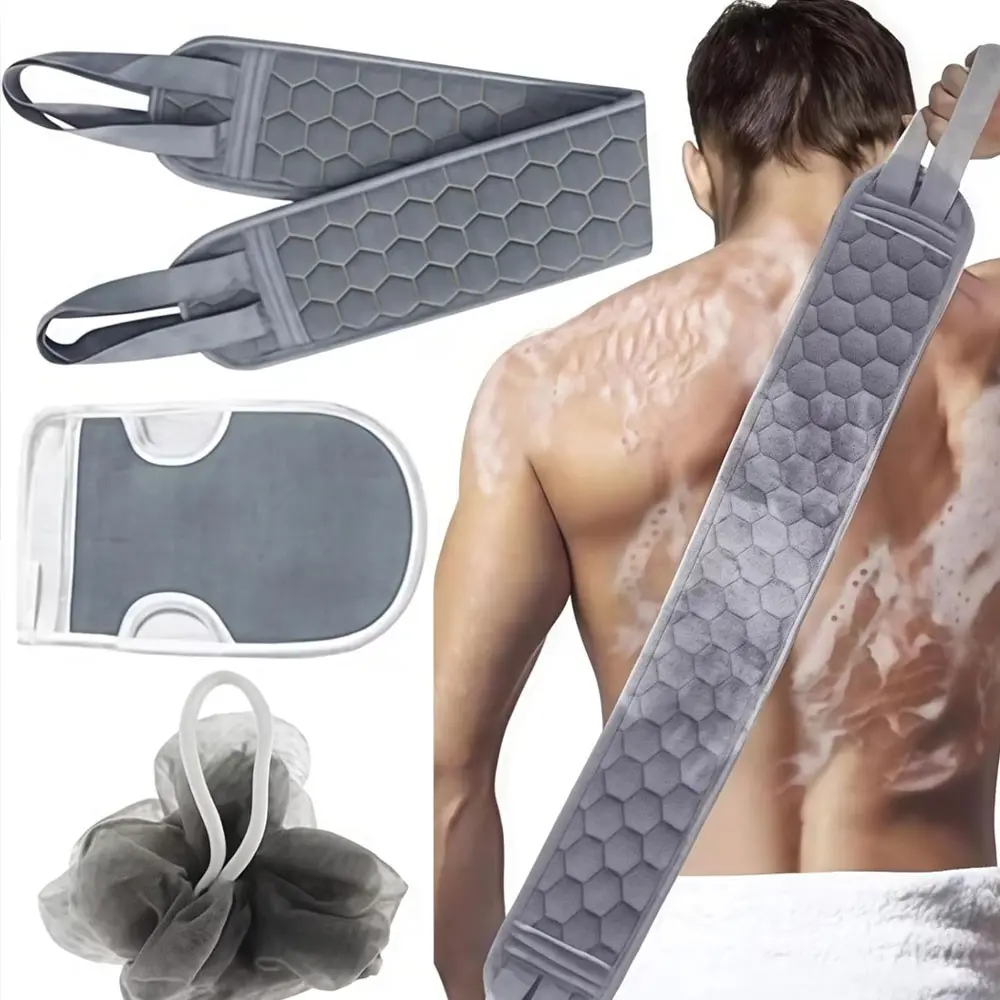 3-piece exfoliating back cleansing set, Back Scrubber, Back brush, suitable for shower use, includes handle-equipped double-sided back wash cloth, exfoliating gloves and bath ball, for deep body cleansing, unisex, gray