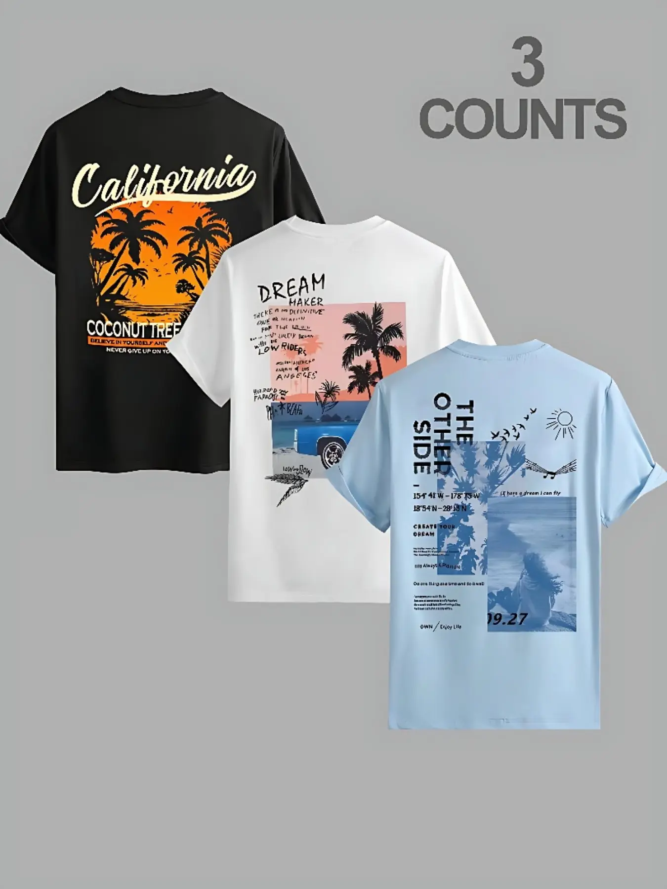 Men's Letter and Coconut Tree Print Tropical Vibe Round Neck T-Shirt, Casual Beach Style Short Sleeve Top, Summer Daily Wear, Menswear