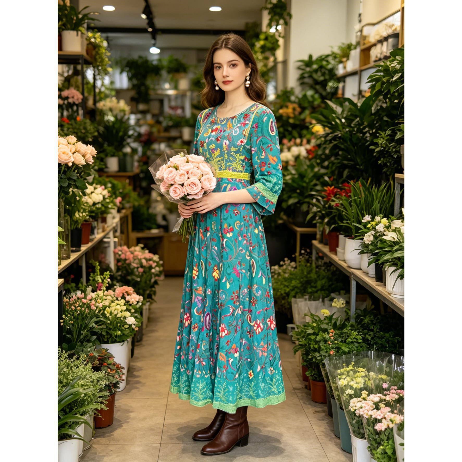 Vibrant Teal Boho Paisley Maxi Dress Elegant Floral Lantern Sleeve Gown | Size Inclusive S-XL | Perfect for Beach Vacation, Festival & Wedding Guest