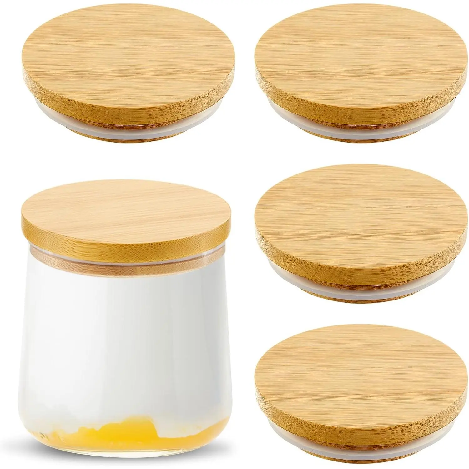 4 Pack  Yogurt Jar  Compatible with 5oz  Yogurt Jars   Wooden Round Canning  with  Sealing Rings for Kitchen  Nut Candy Storage (Jar Not Included)