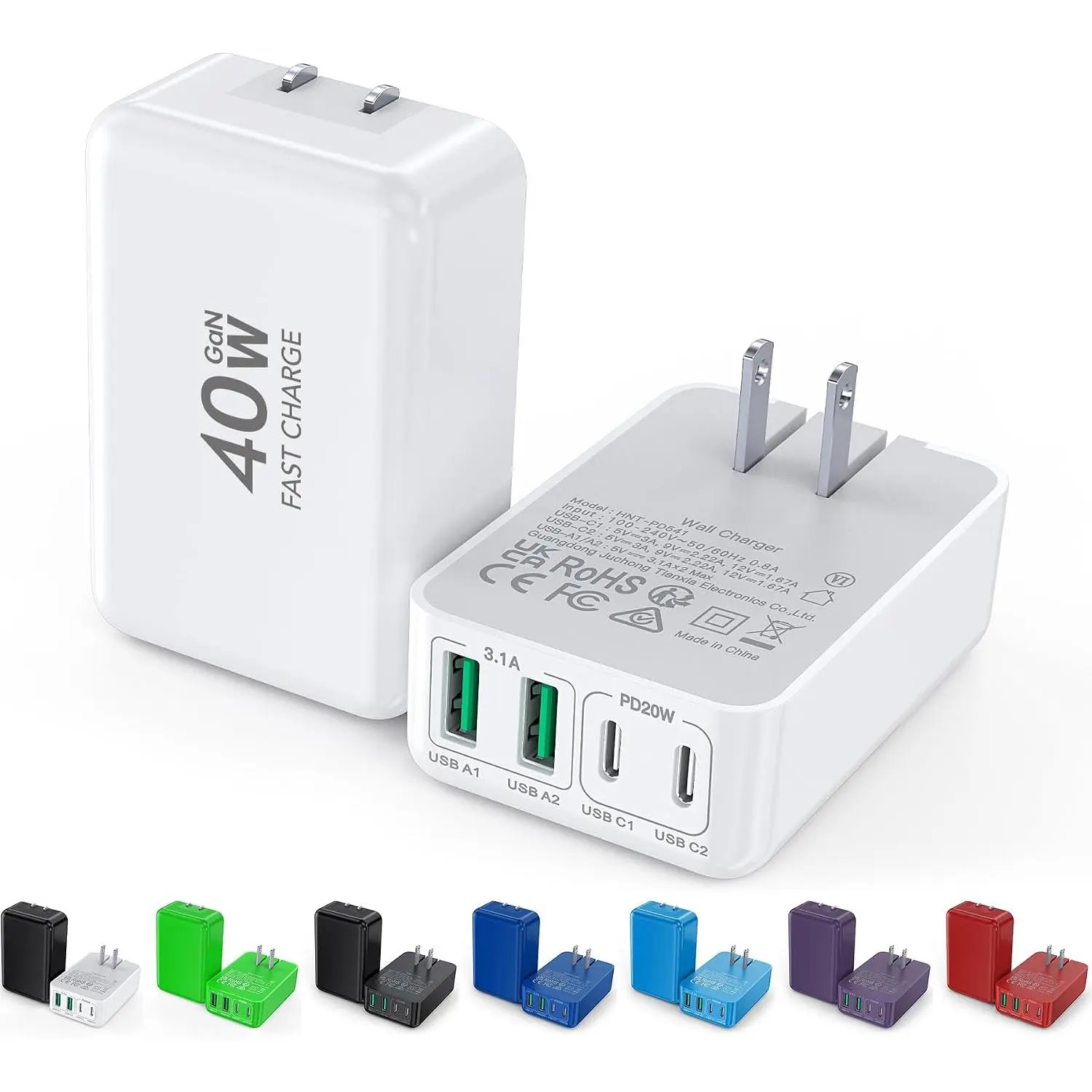 2Pack Flat USB C Wall Charger,40W 4Ports Foldable & Slim   Block,Type C Cube Box Multiport Power Adapter Plug Brick Compatible with  17/16/15/14,,Pixel, AirPods4,Watch10