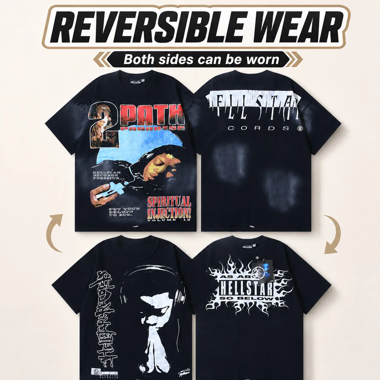 Hellstar Reversible T Shirt 100% Heavyweight Cotton Y2K Streetwear Graphic Tee, Double Sided Wear Design, Oversized Fit Unisex Hip Hop Punk Vintage Style Casual Short Sleeve Top Fashion-Accessory