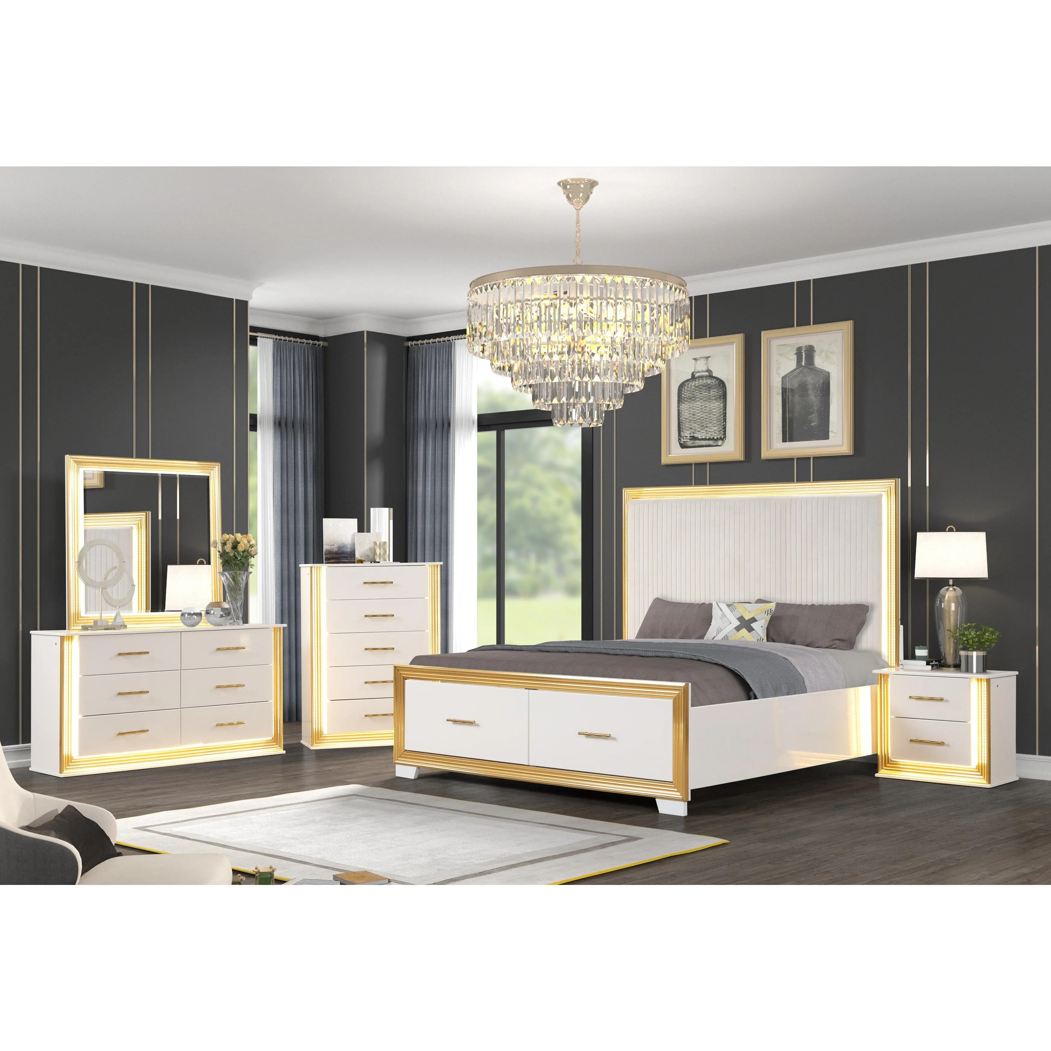 Nokaa Contemporary 5-Piece King Bedroom Set with Wood Frame, White Finish, LED Built-In Lighting, Dresser, Chest, Mirror, Nightstand, Solid Wood+MDF, Modern Bedroom Furniture Suite, No Box Spring Needed, King Size, White Color
