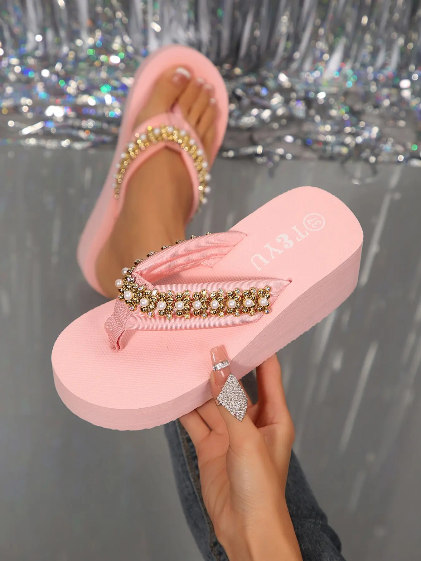 Women's Pearl Rhinestone Sandals, Thick Sole Wedge Flip Flops, Ankle Strap Summer Outdoor Shoes, Comfortable and Stylish Footwear