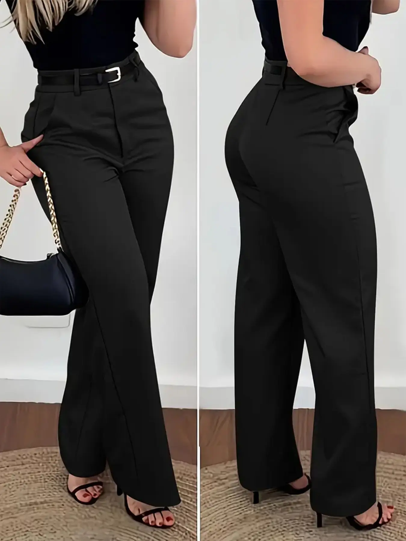 Women's Elegant Business Casual Plain Long Pants, Business Casual Trousers, Zipper Fly Design, High Waist Loose-Fit Straight Leg Pants, Womenswear, Bottom, No Belt Needed, Business Casual Bottoms