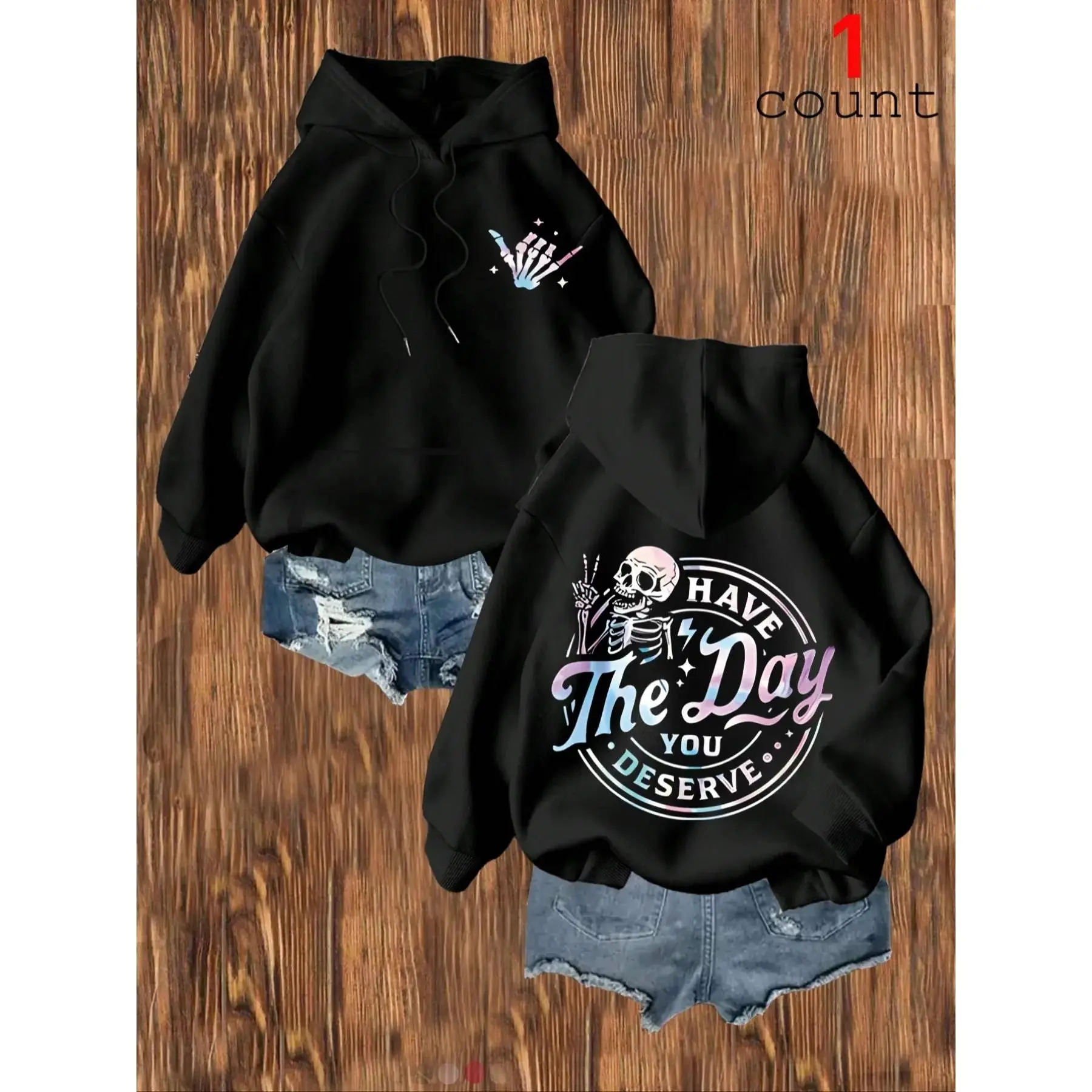 Halloween Skull Print Knitted Hoodie Piece, Fall Winter Warm Thick Kangaroo Pocket Casual Loose Fit Oversized Sweatshirt, Korean Style Ladies Clothing, Womenswear, Tops