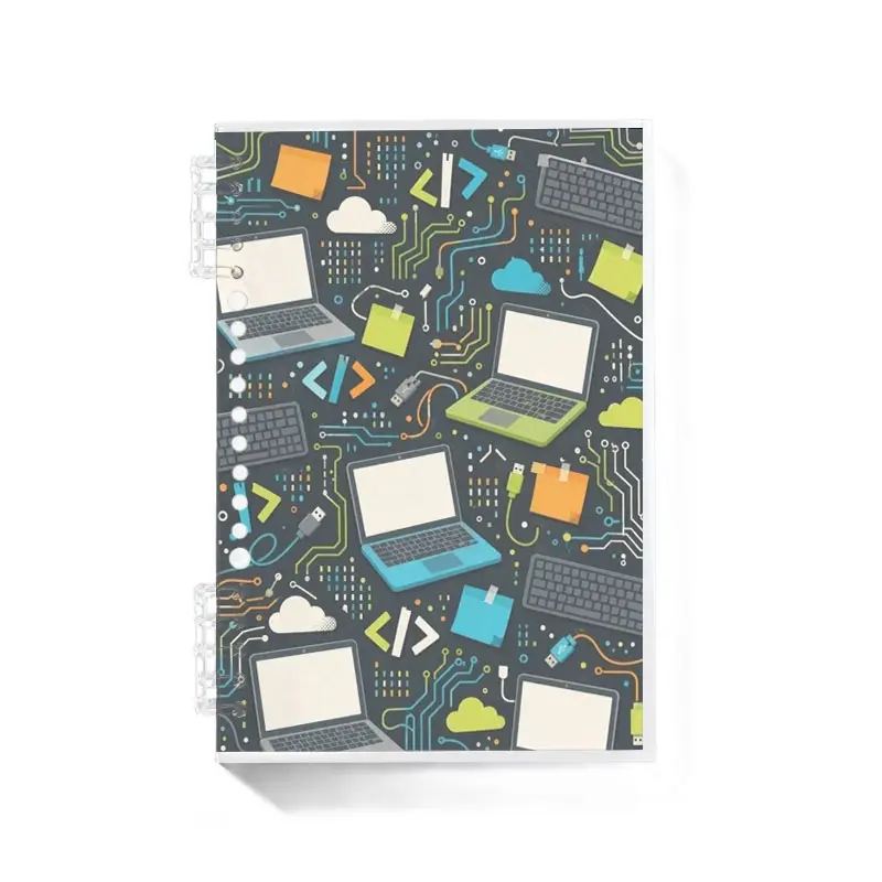 Retro 2D flat tech element printed spiral notebook, A5 lined paper notebook, with a dark background featuring colorful laptops, keyboards, and circuit patterns, portable paper notebook, perfect for everyday office organization and casual journaling