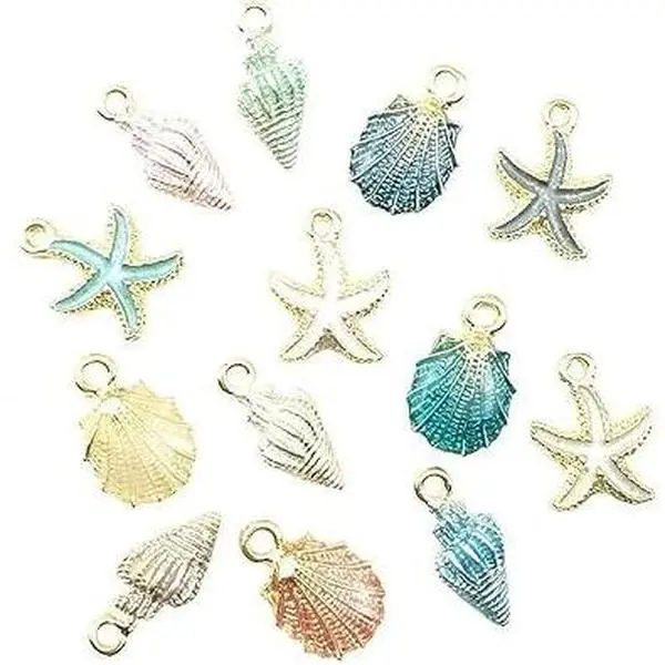 13 Pcs Mixed Random Starfish Conch Sea Shell Pendants DIY Charms for Handmade Nautical Ocean Necklace Enamel Craft, Creative Women Jewelry Making Accessories