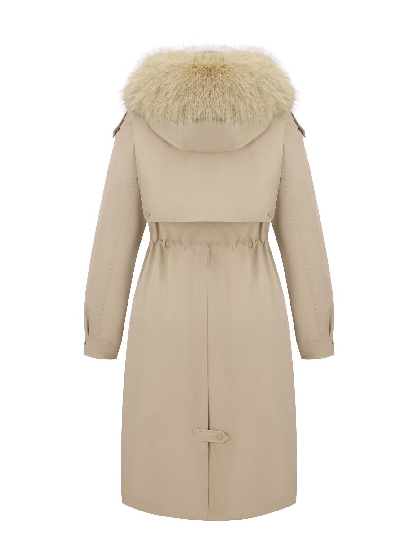 Women's Fall & Winter Faux Fur Hooded Coat, Long Drawstring Commuter Jacket, Casual Plain Design, Fitted Outerwear for Daily Wear