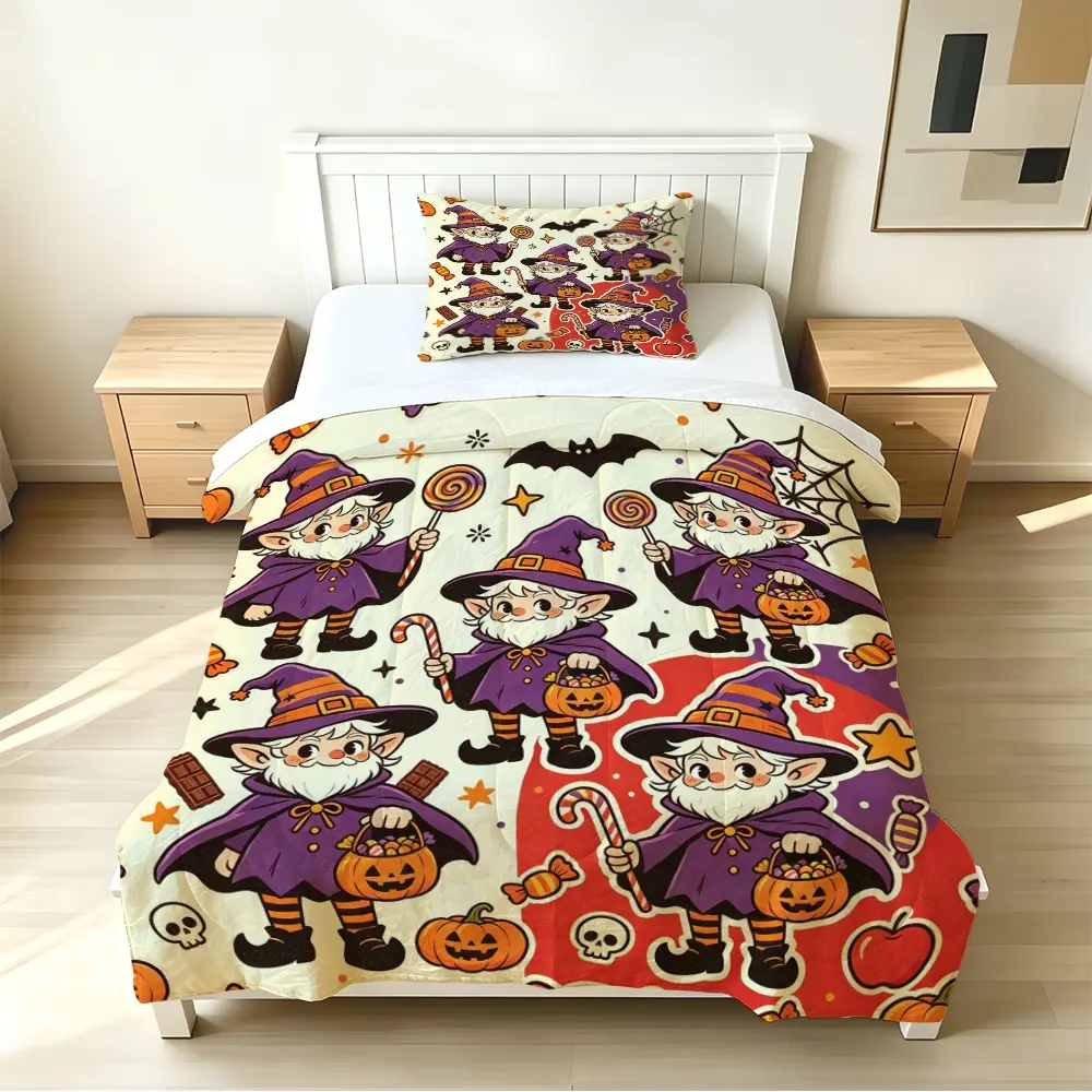2/3pcs (1 comforter + 2 pillowcases) Halloween Gnome Pattern Microfiber Bedding Set, Soft Lightweight, Fade Resistant, All Season Use, Easy Care Durable Comforter Set for Bedroom Dorm (Comforter Insert Included, Pillow Inserts Not Included)