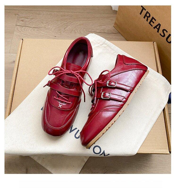 2026 Spring Collection: Patchwork Small Round-Toe Lace-Up Leather Shoes, Casual Ballet-Style Double Buckle Height-Increasing German Training Shoes