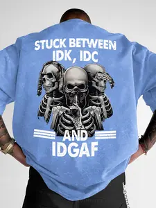 Vintage Wash Crew Neck Loose Short Sleeve Graphic Tee, Three Skeleton Headphones Sunglasses Print Stuck Between IDK IDC IDGAF Funny Slogan Back Print Gothic Dark Hip Hop Streetwear T-Shirt #SkeletonTee #FunnySloganShirt #VintageStreetTee #DarkAestheticTop