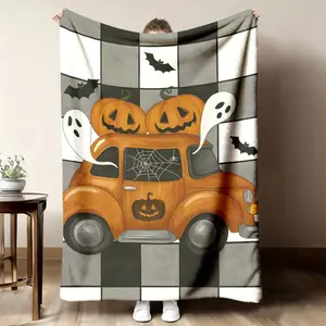 2026 New Retro Halloween Blanket - Cartoon pumpkin pattern, soft fabric, suitable for all seasons, warm and comfortable, machine washable, an ideal gift for friends and classmates.