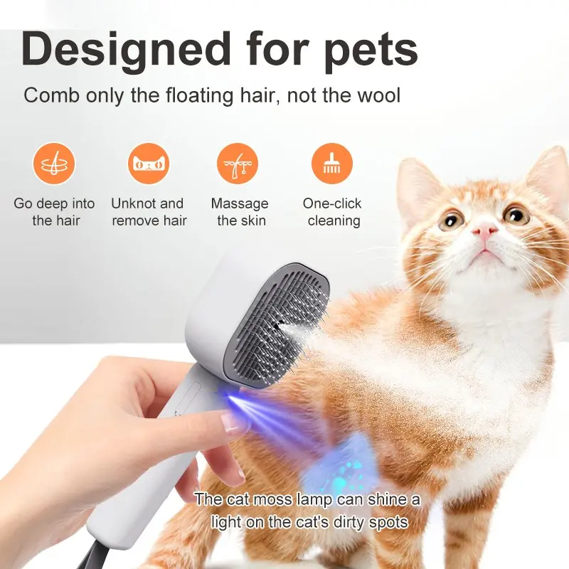 Electric Steam Spray Comb for Cats and Dogs, One-Button Spray Massage Brush, Anti-Fly Fur Pet Comb with Fungus Light