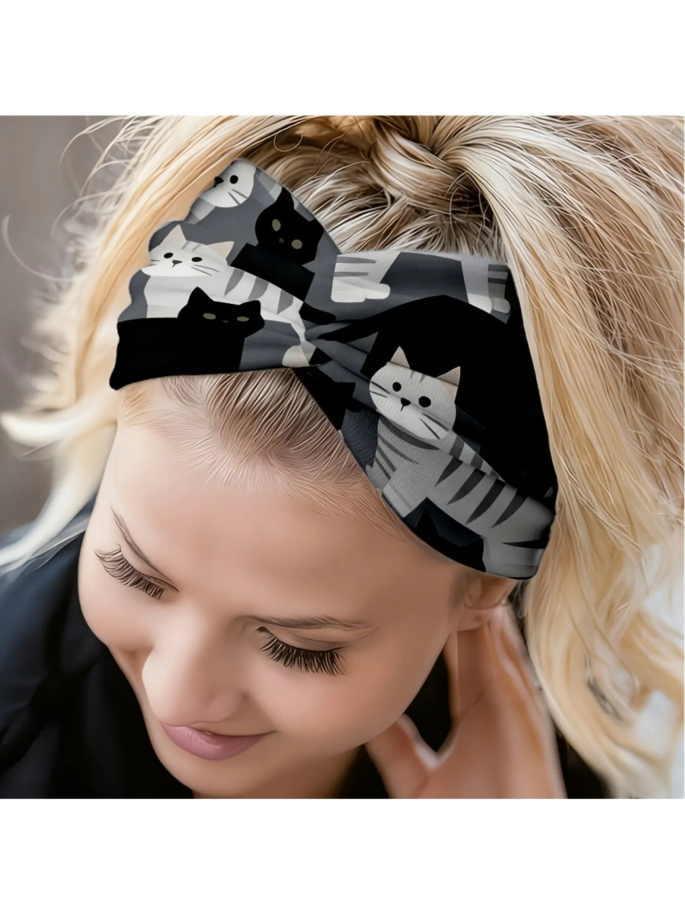 2D FLAT Black and White Cat Pattern Headband, Suitable for Yoga / Gym / Running / Indoor and Outdoor Use, Travel / Outings / Beach, Warm and Versatile / Wide Edge / Fashionable Hair Accessory / Elastic, Headband, Gift for Best Friend, 2D Flat