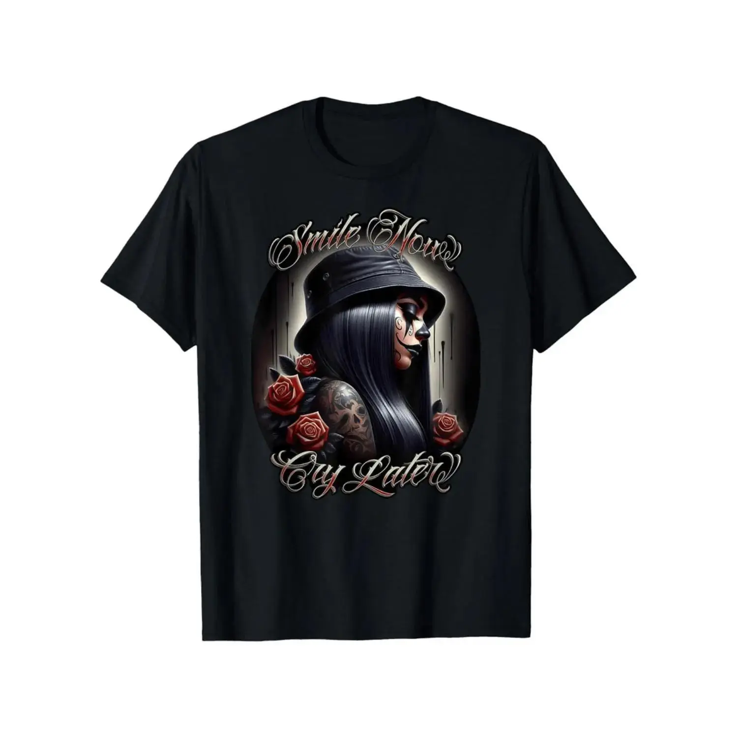 Dual Expression Mask Tattoo Art Graphic Short Sleeve T-Shirt, Smile and Tear Design Casual Crew Neck Unisex Everyday Top