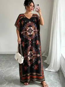 Women's Boho Dress, Traditional Middle Eastern Muslim Long Robe, Modest Dress, Casual V-Neck Full Print Batwing Sleeve, Ideal for Vacation & Daily Wear