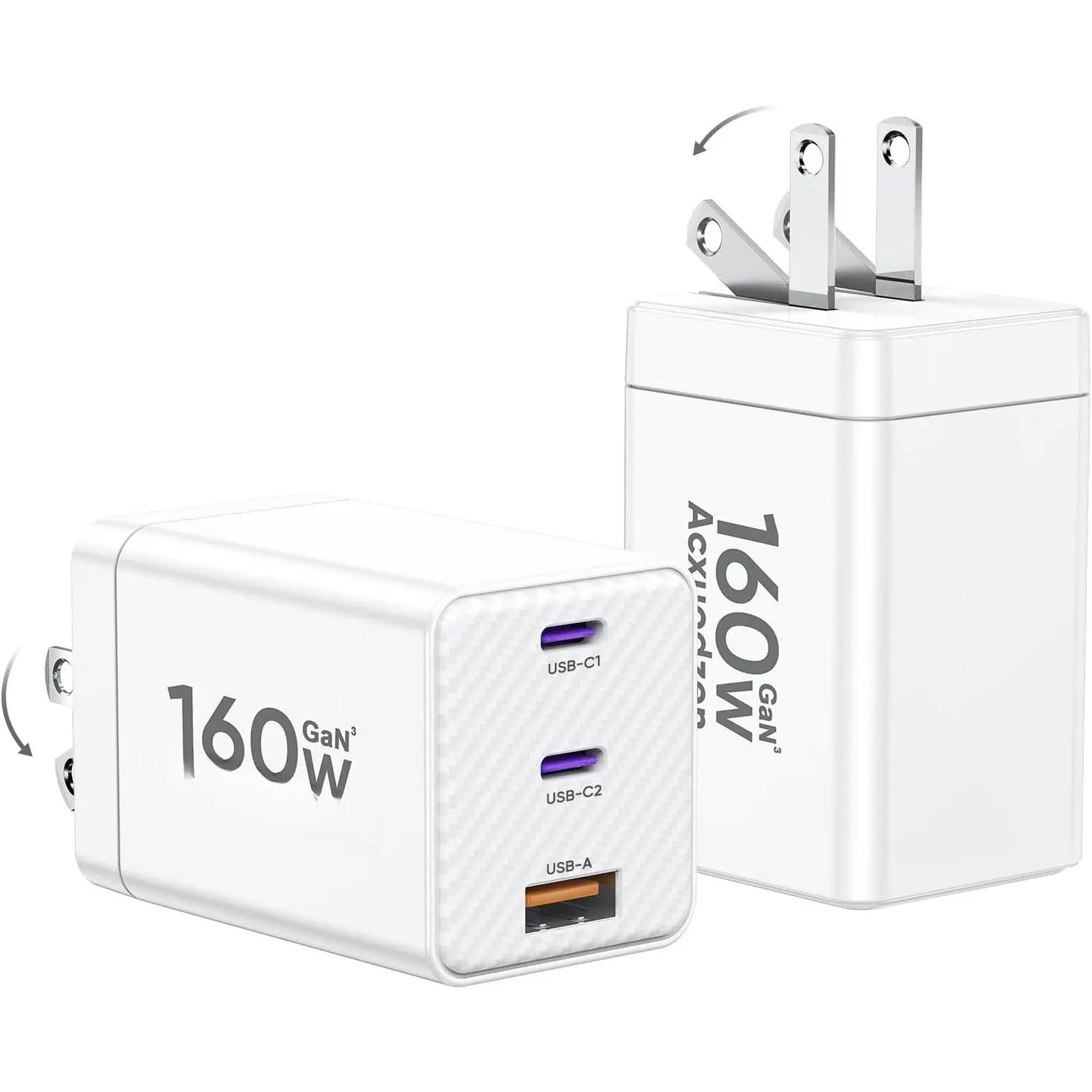 2-Pack 160W 3-Port GaN Type-C Synthetic Charger Block with Foldable Plug, 65W QC3.0 Fast Charging for MacBook, Galaxy, iPad (White)