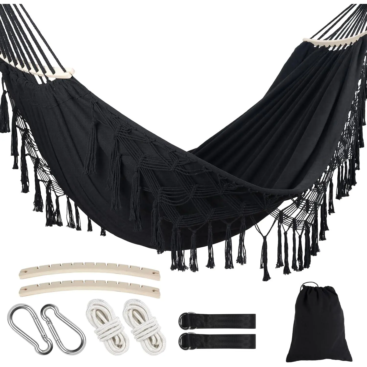 Portable Double Hammock,  Hammock with Tassels and Fishtail Knitting, 550LB Capacity, 320GSM  Bed with Set Full Accessories for Outdoor Camping Patio Balcony Black