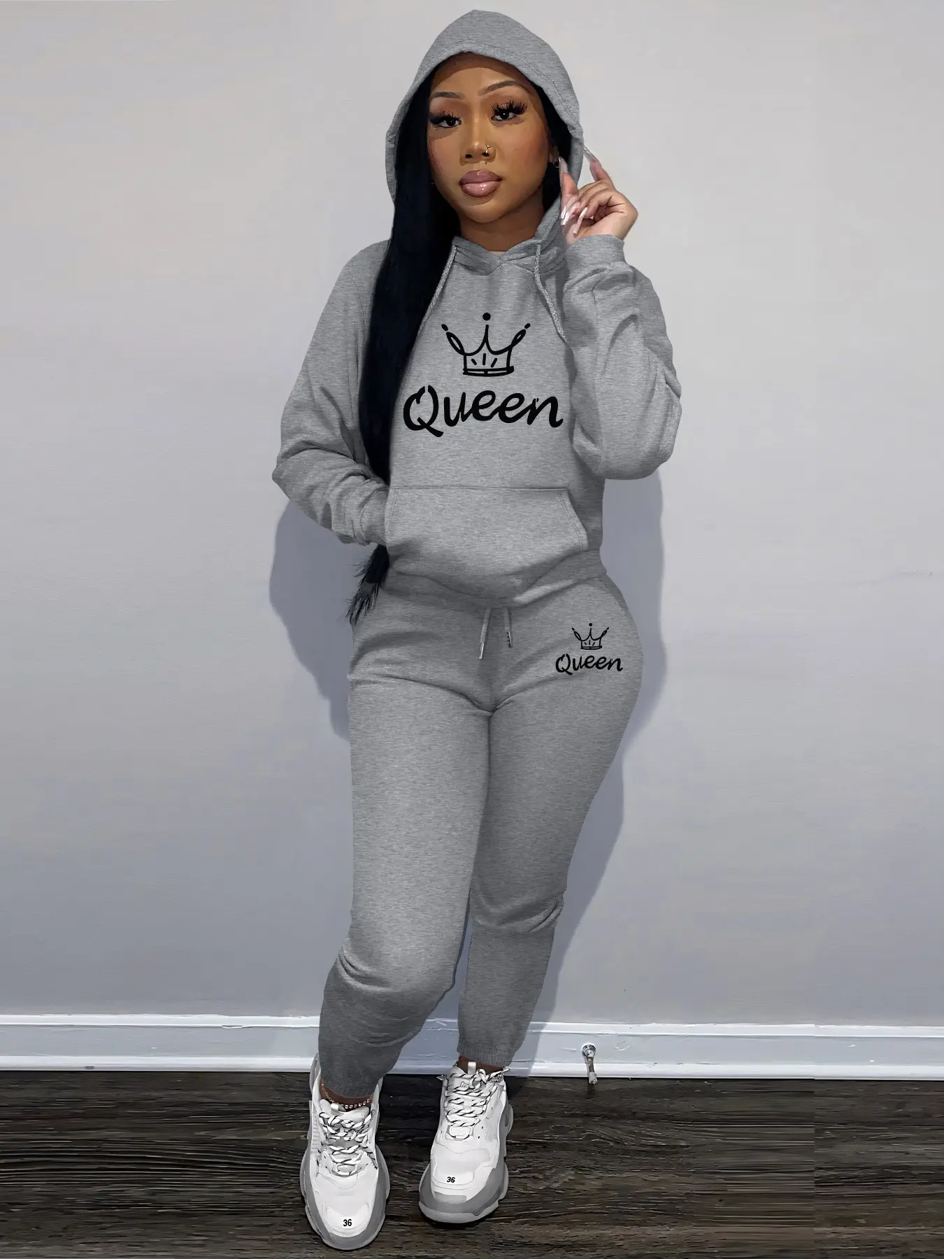 Women's Queen Letter Print Casual Loose Sweatshirt Set, Round Neck Long Sleeve Pullover + Jogger Pants, Comfortable Daily Wear, Outfit