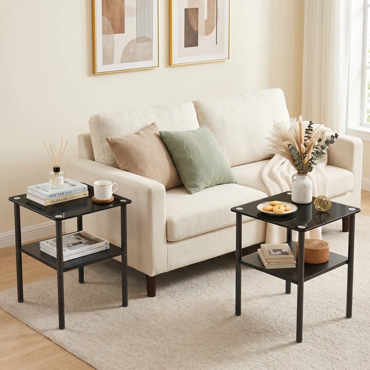 2-piece Modern Rectangular Glass Side Table, Tempered Glass Tabletop, MDF Storage Shelf & Metal Legs, Minimalist Sofa Side Table for Living Room & Bedroom