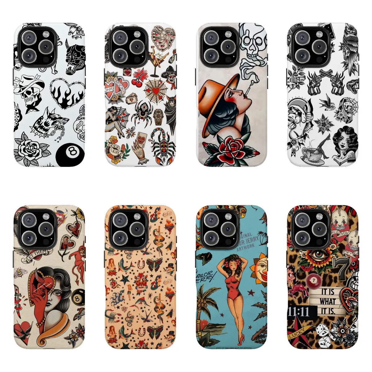 Old School Traditional Tattoo Protect Cover, Vintage Flash Art Skull Rose Sailor Jerry Style Phone Case with Leopard & Aesthetic Tiger Designs, for iPhone 11/12/13/14/15/16/17 ProMax Plus & Samsung Phones, Ideal Gift for Men/Women, Skull Pattern, Various