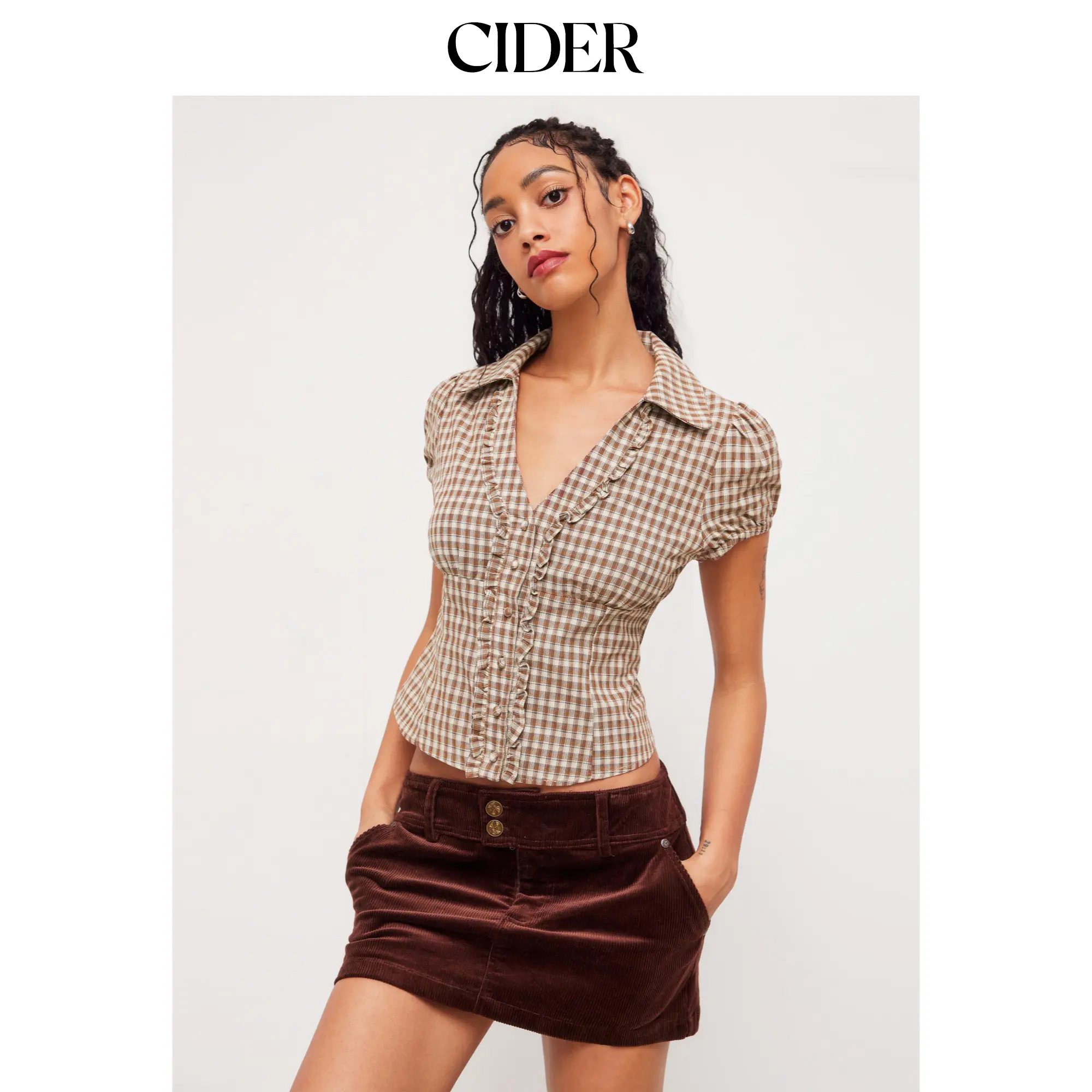 Cider Cotton V-neck Check Button Short Sleeve Blouse