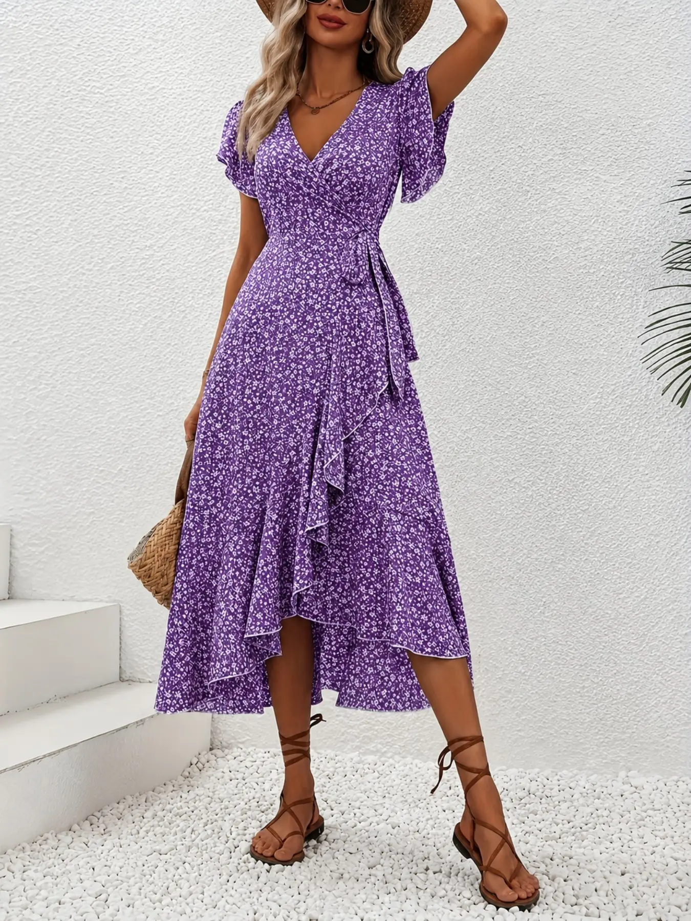 Bohemian Vacation Casual Maxi Dress, Small Floral Print, V-Neck, Cardigan Style, Tie Waist, Adjustable, Short Sleeve, Perfect for Summer