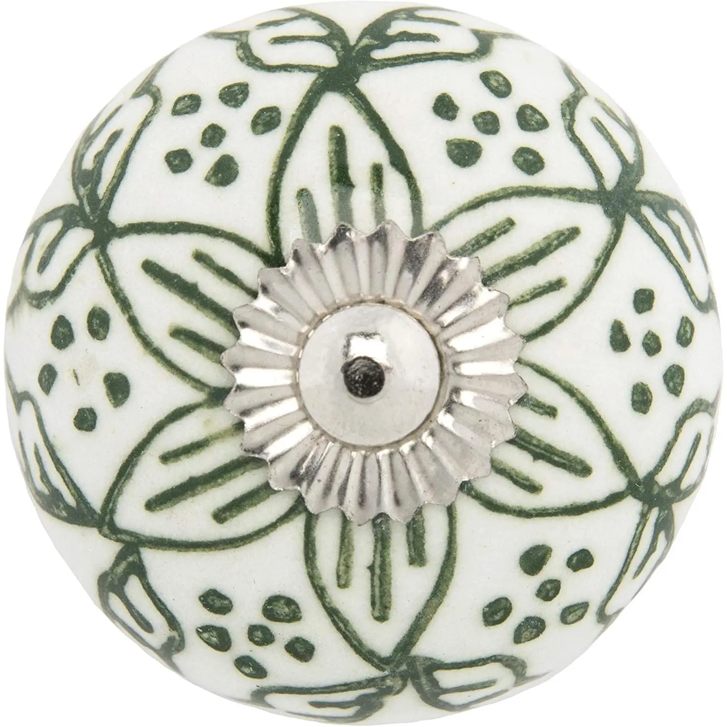 1.5 in Ceramic Knobs - Chambal Gardens, Set of 12 | Decorative cabinet and dresser knobs for kitchen drawers or wardrobes featuring a Chambal Gardens floral design backing.