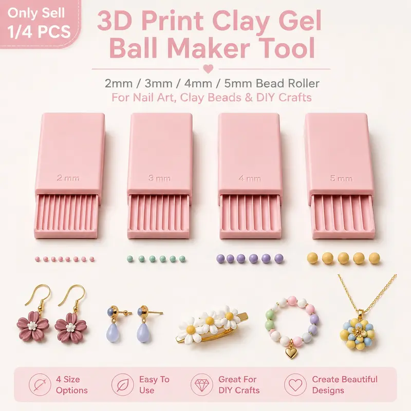 1/4 PCS 3D Print Clay Gel Ball Maker Tool, 2mm/3mm/4mm/5mm Bead Roller Sphere Shaper for Nail Art Gel Flowers, Polymer Clay Beads, Earrings, Jewelry Making and DIY Crafts, Handicraft