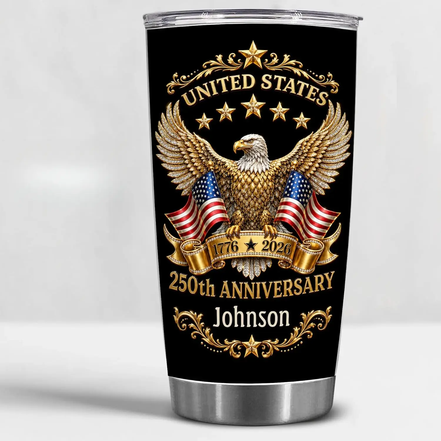 20oz Stainless Steel Insulated Flask Tumbler with Lid & Straw, 250th America Anniversary 1776-2026 2D Printed Patriotic USA Flag Eagle Design, Travel Drink Mug Gift for Men, Flasks