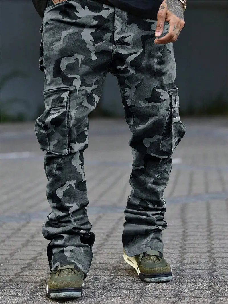 Men's New Camo Pants Fashion Outdoor Wide Leg Pants Large Pockets Decorative Woven Flare Pants Suitable for Young Casual Wear